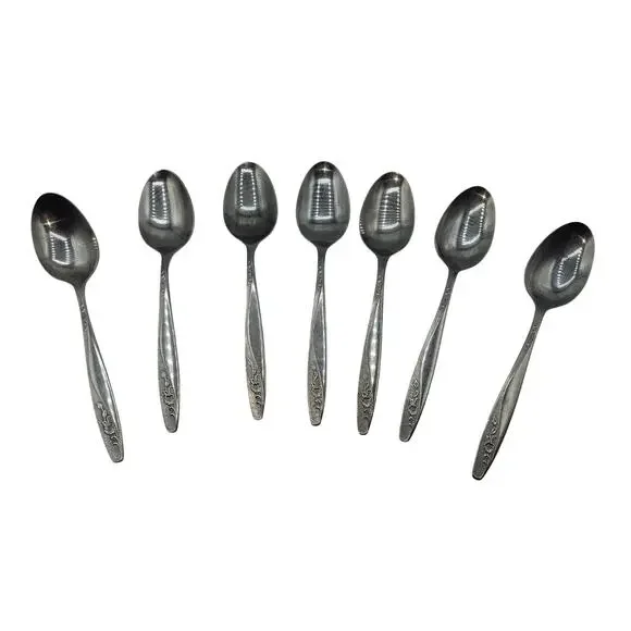Vintage International Stainless Tablespoons Set 7 Korea Floral Pattern MCM