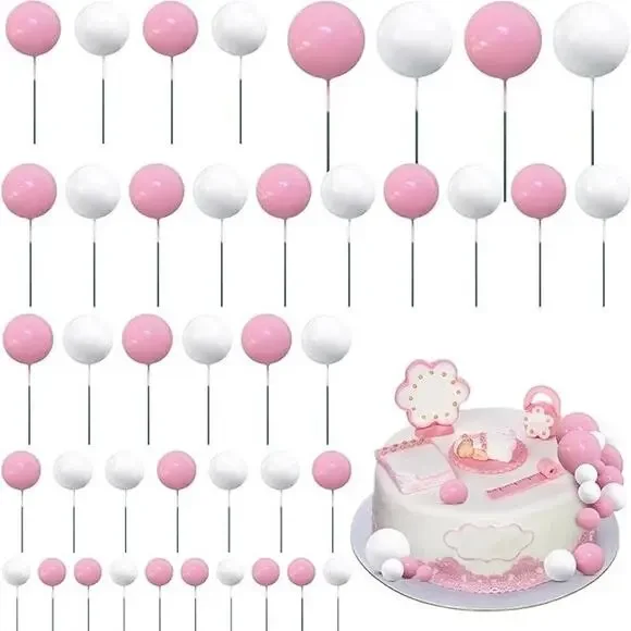 50x Pink & White Fun Balloon Ball Birthday, Anniversary, Wedding Cake Toppers