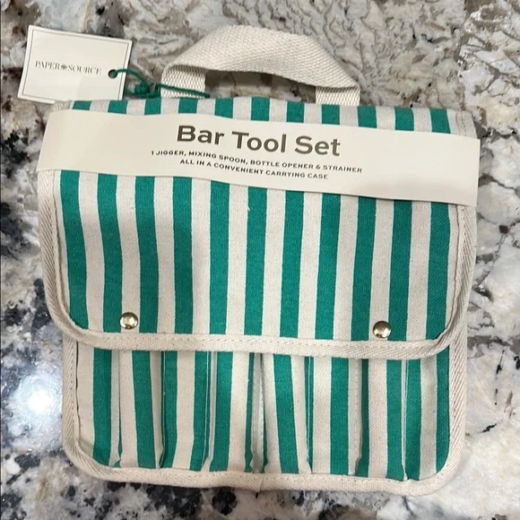 Paper Source Teal and Beige Striped Bar Tool Set