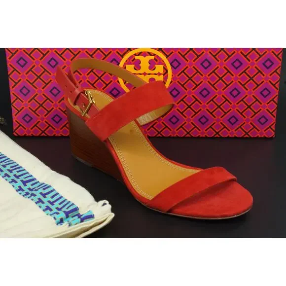 Tory Burch Mini Benton Wedge Sandal SZ 7 Red Apple suede Leather Logo $298