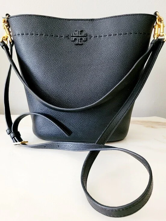 Tory Burch McGraw Black Pebbled Leather Bucket Crossbody/Shoulder Bag