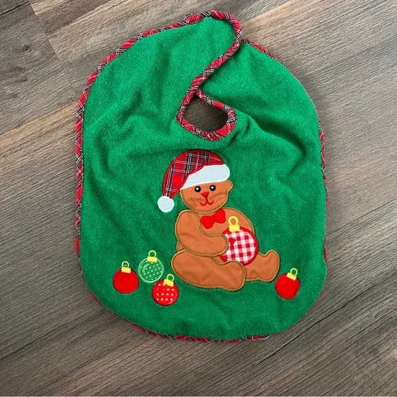 Vintage 90s Infant Toddler Christmas Bear & Ornaments Green Bib One Size