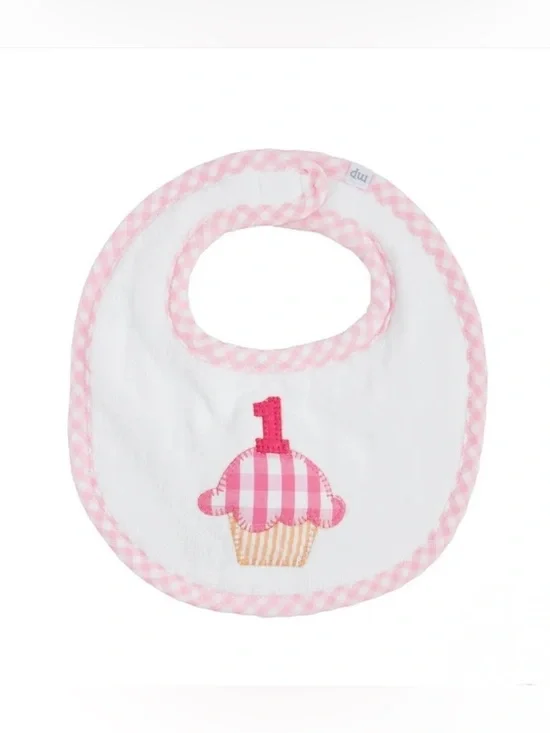 NWT Mud Pie Pink Gingham '1' Cupcake Baby Bib