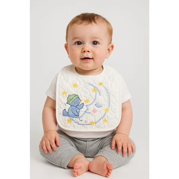 Handmade Quilted Baby Bib – Embroidered Duck & Moon Design | Soft Cotton | Vinta