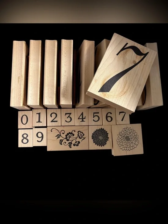 Paper Source | Wooden Number and Decorative Floral Stamp Sets | Natural Wood