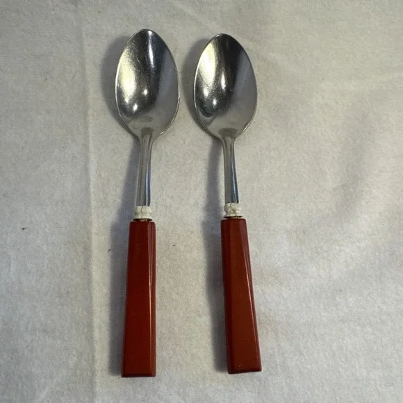 2 VTG Mid Century Table Spoon SR STANLEY ROBERT Stainless Japan Red Bakelite