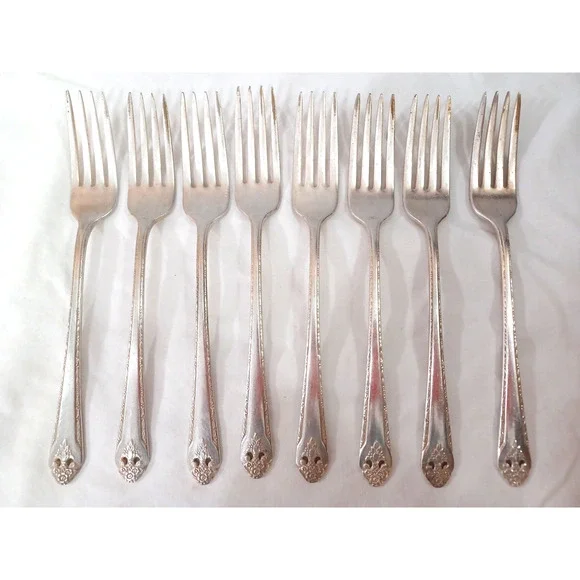 Holmes Edwards 8 VTG Lovely Lady Dinner Forks Inlaid Silverplate Flatware 1937