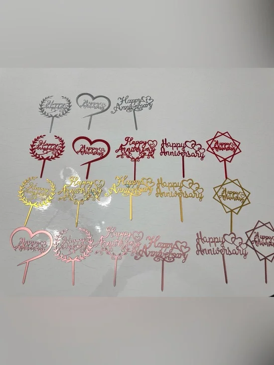 Happy Anniversary Cake Toppers - Gold, Rose Gold, Red, Silver 19 counts