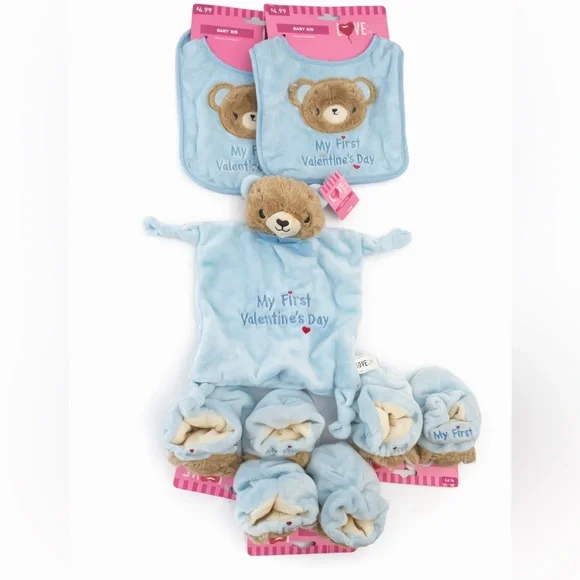 My First Valentine’s Baby Gift Set Teddy Bear Lovey Blanket Bib Booties Blue NWT