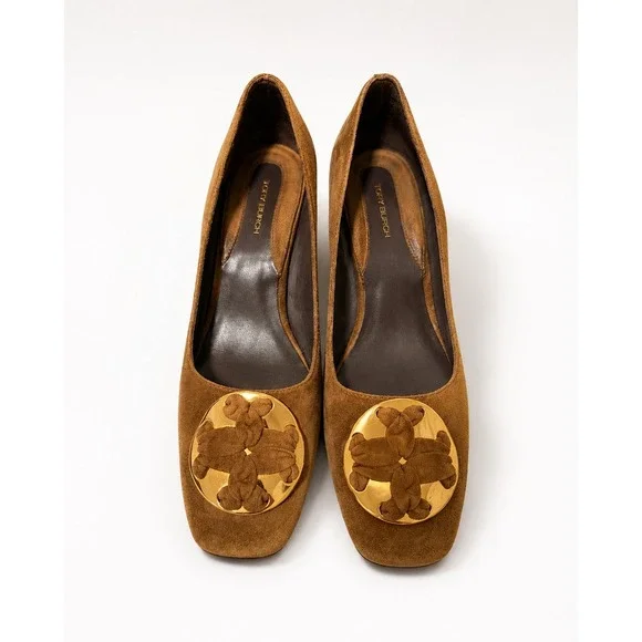 Tory Burch Suede Block Heel Pumps Women 8M Brown Good Gold Logo Medallion
