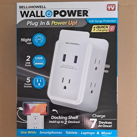 Bell+Howell Wall Power 7908 Surge Protector & Device Holder, 5 Outlets 2 USB Por