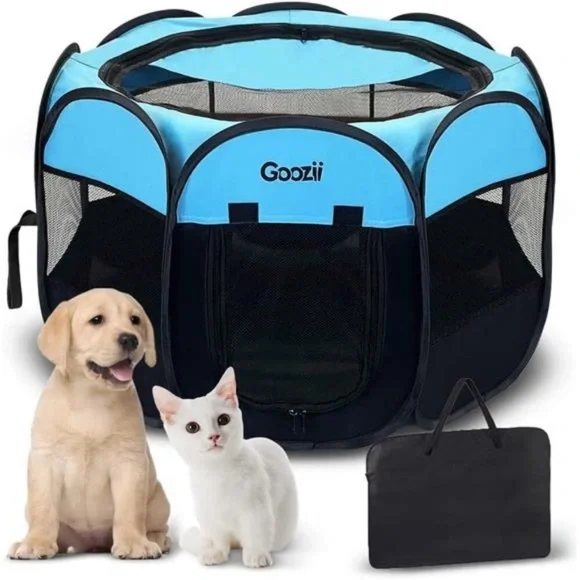 Small Dog Playpen Portable Collapsible (Small Size, Black/Blue)