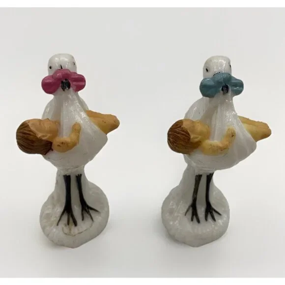 Pair of Vintage 1950s Stork Cake Toppers Pink Blue Celluloid Baby Shower