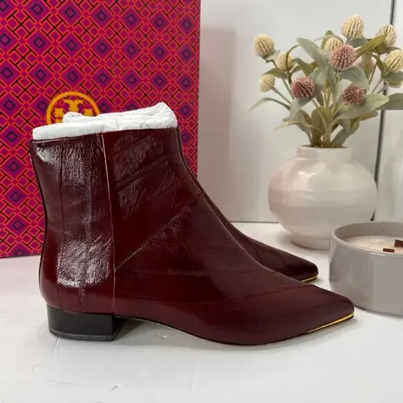 Tory Burch Lila 25mm Eel Leather Bootie Side Zip Wine Women's 5.5M NWB