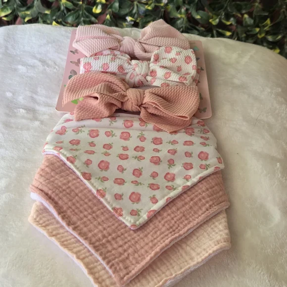 Baby Bow Headband Bandana Bib 6 Pack Gift Set Pink White Floral Ava Olivia NWT