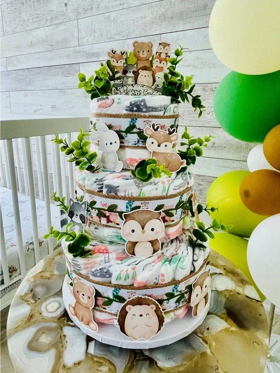 New HANDMADE Woodland Animals Diaper Cake - Neutral Woodland Baby Gift