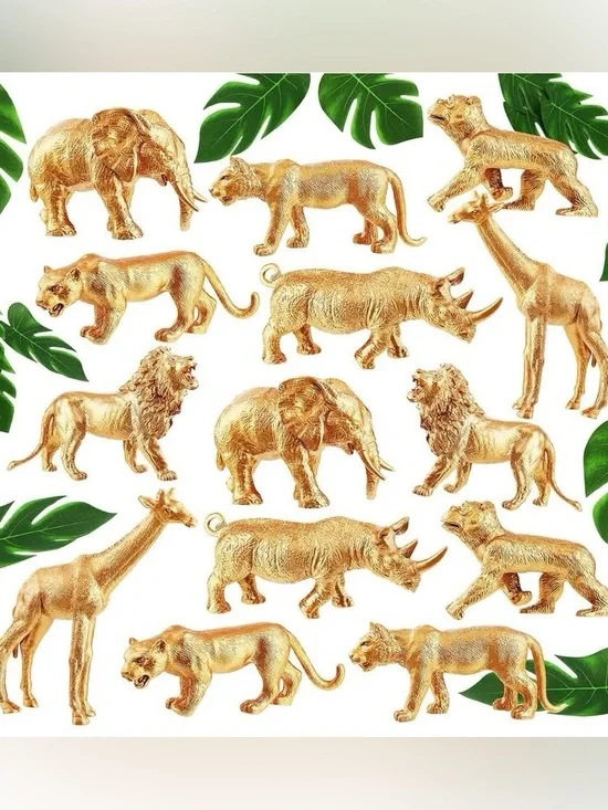 26 pc Gold Animals Safari Figures & Faux Tropical Palm Leaves Cake Topper