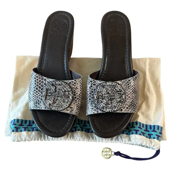 Tory Burch Robinson Snake Embossed Wedge Slides Sandals Sz 7.5 Dust Bag