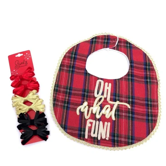 NEW MUD PIE Red Plaid Oh What Fun! Christmas Baby Bib + Hair Ties