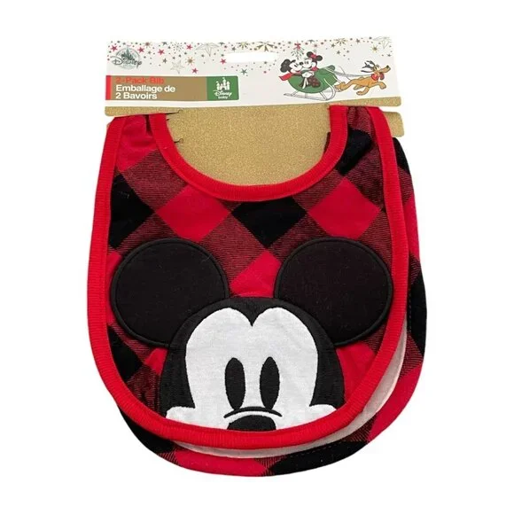 Disney Baby Disney Store Mickey Mouse and Minnie Mouse Plaid Holiday Bib Set
