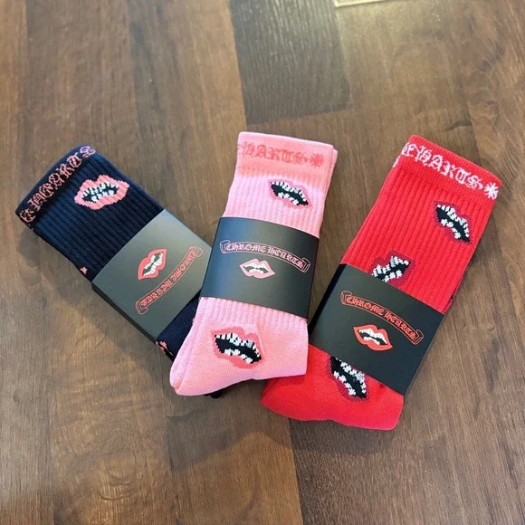 Chrome Hearts Matty Boy Chomper Socks 3 Pack Black Pink Red Mens 9-13 Large