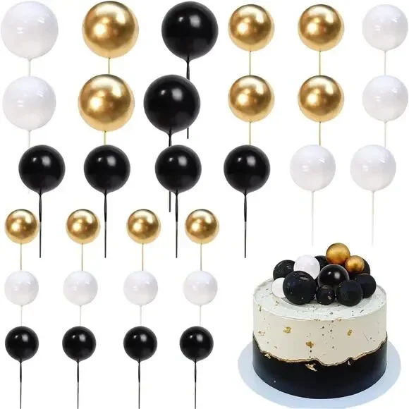50x Black/Gold/Silver Balloon Ball Birthday, Anniversary, Wedding Cake Toppers
