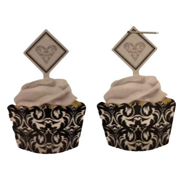 48 Creative Converting Damask Black White Cupcake Wrappers + Toppers Ever After
