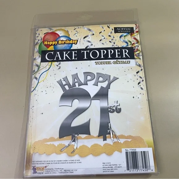NWT Happy 21th Acrylic Mirrored Cake Topper
