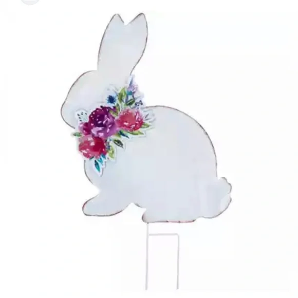🌸NEW Welcome Floral White Bunny Metal Garden Stake Yard Sign