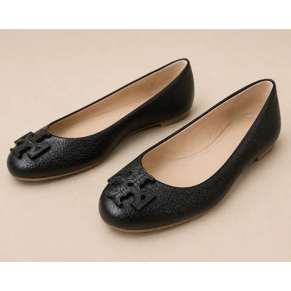 Tory Burch Claire Ballet Flats Womens 6.5 Black Excellent Pebbled Leather Logo