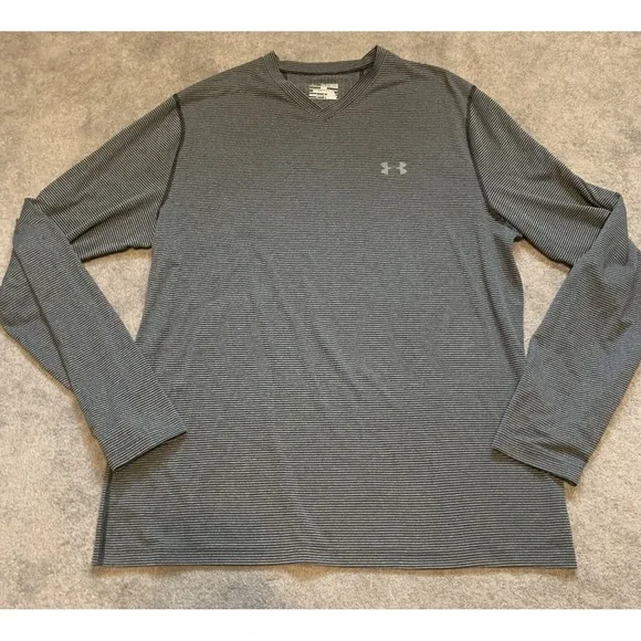 Under Armour Shirt Men's 2XL Black Gray Striped‎ V-Neck Fitted Cold Gear