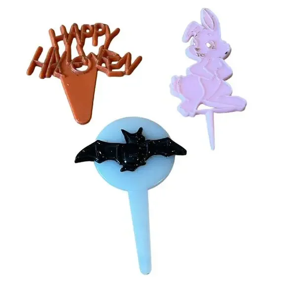Vintage Halloween & Easter Cake Toppers Cupcake Bunny Bat Lot of 3