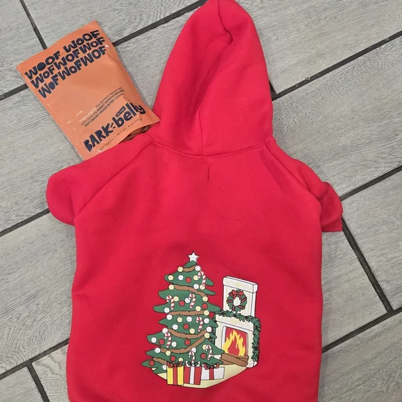 Red Dog Hoodie with Christmas Tree Design‎