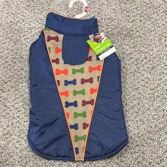 Navy Dog Jacket with Colorful Bone Print