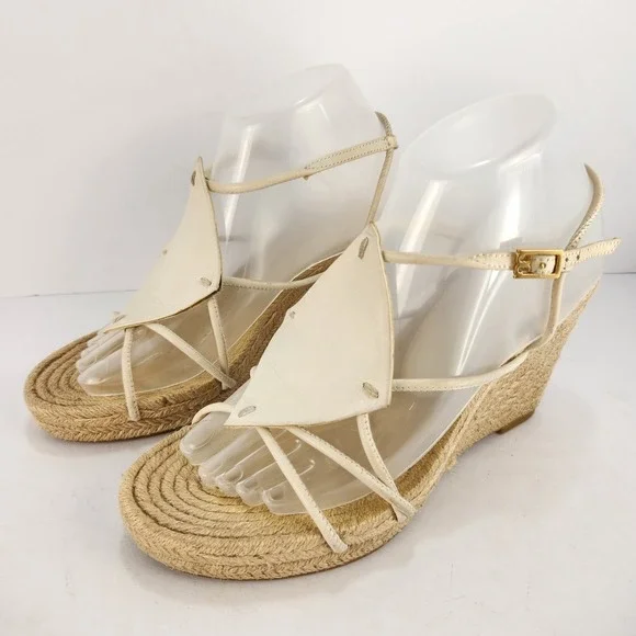 Tory Burch Women's Elegant Minimalist Straps Espadrilles Wedge Sandals Ivory 8M