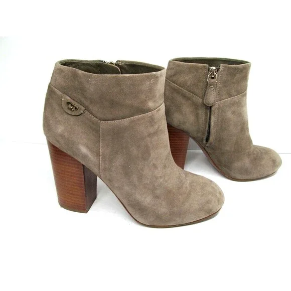 Tory Burch Tan Suede Side Zip Ankle Booties With Stacked Heels Womens US 9.5 M