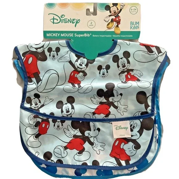 Disney Bum-kins Mickey Mouse Super Bib w/FoodCatcher Pouch 6-24 Months 2 Pack