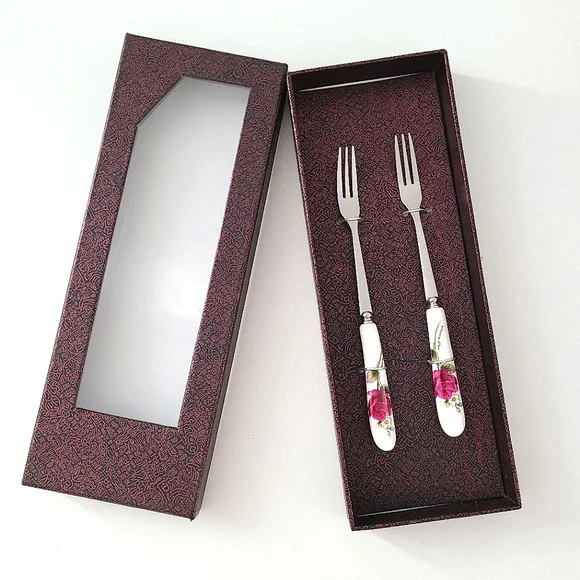 Stainless steel porcelain fork gift box set of 2 rose floral