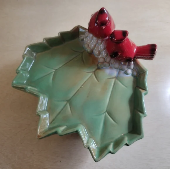Vintage Art Pottery Green Maple Leaf w/Perched Cardinal Pair