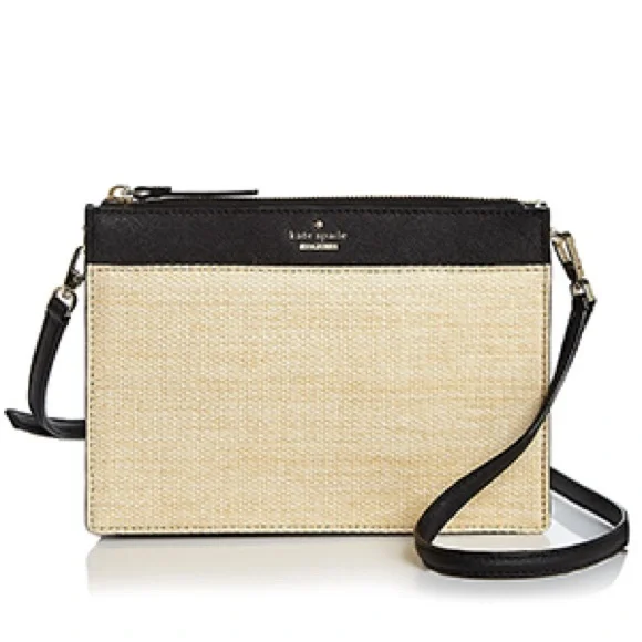 KATE SPADE NEW YORK Raffia Crossbody Bag Elegant Black and Cream