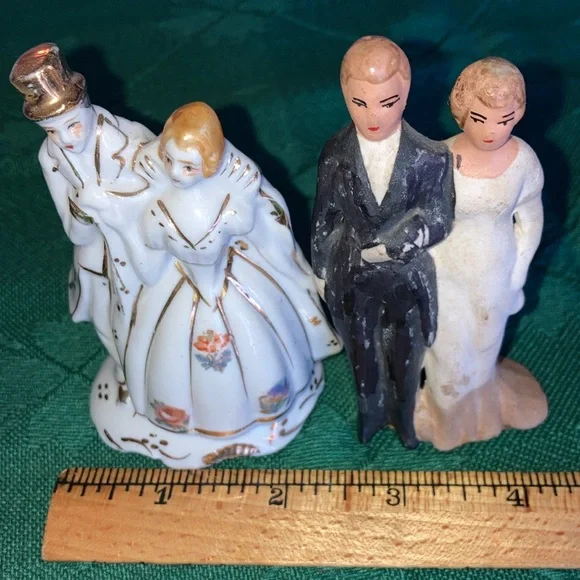 VINTAGE CAKE TOPPERS, 2 couples, 1 white porcelain w/gold, 1 rustic. $19