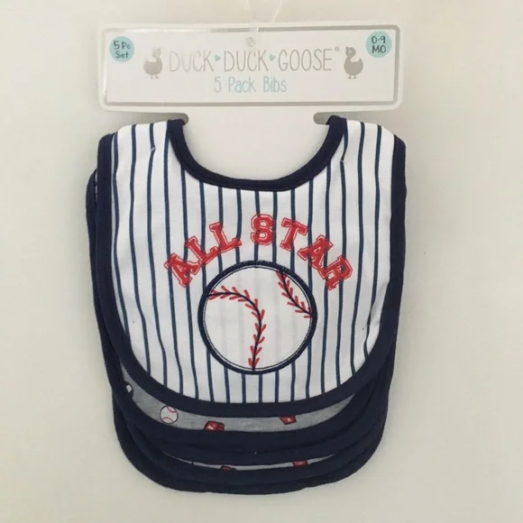 NEW Bib Set 5 pk 0-9M Baseball and Sports Theme | Duck Duck Goose