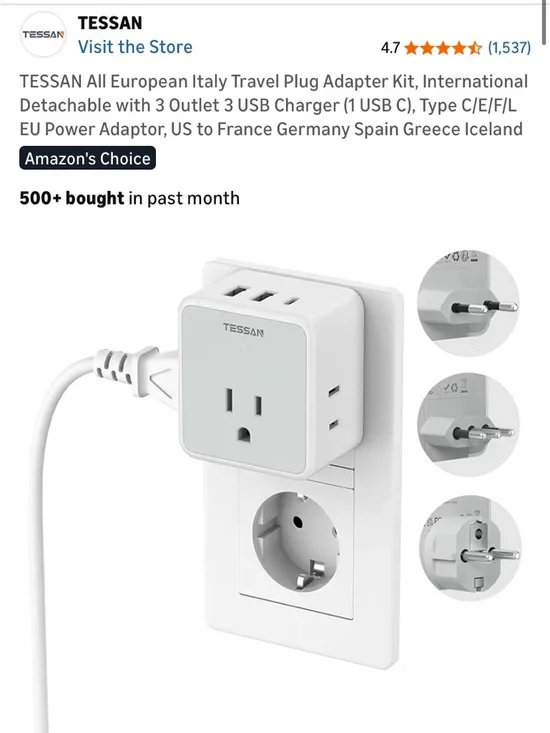 Type C/E/F/L Travel Plug Adapter with 3 USB Ports