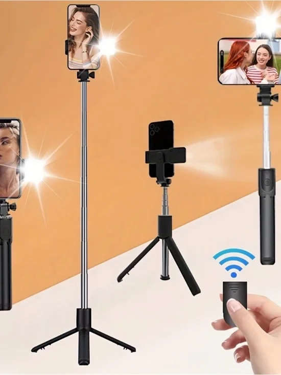 Adjustable Tripod Selfie Stick with Remote and LED Light - Black