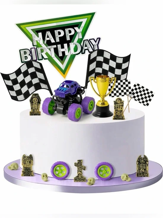 40~Green & Purple Monster Truck Cake Decoration Racing Car Dessert Cupcake Top