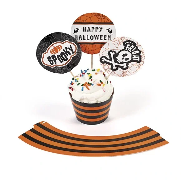 50 Halloween Cupcake Toppers and Liners Set Spooky Fright Happy Halloween Decor