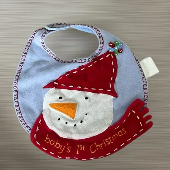 ⛄️POTTERY BARN KIDS: Unisex “baby’s 1st Christmas” theme bib w/velcro, preowned