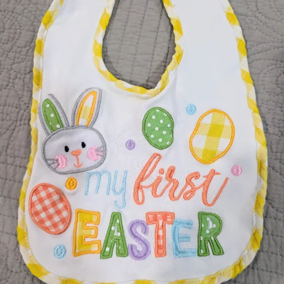 Easter Bunny Baby Bib with Yellow Trim