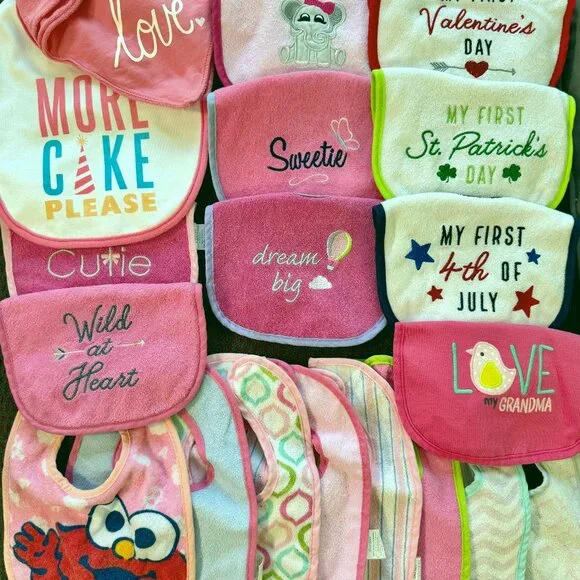 Carter's Baby Girl Bib Lot 20pc Holiday Elmo Valentine 4th July Birthday Mixed