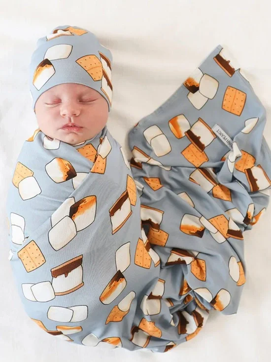 Posh Peanut Light Blue Swaddle Beanie Set with S'mores Print